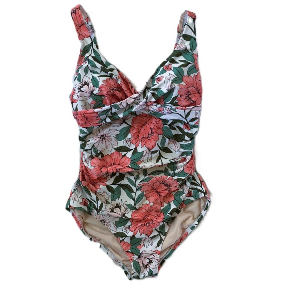 Kona Sol One-Piece Swimsuit Pink & Green Floral Tropical Size M